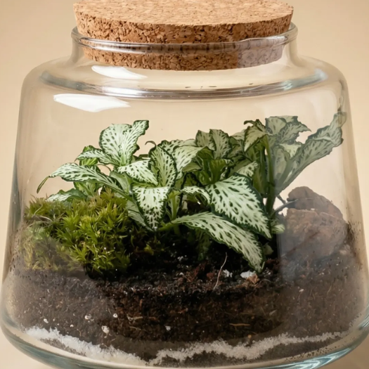Dettaglio Fittonia bianca con muschio naturale e decorazioni minerali nel terrarium artigianale