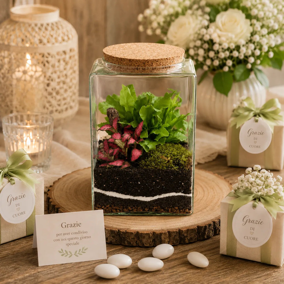Terrarium Musae con felce, fittonia e muschio naturale utilizzato come decorazione elegante per eventi e bomboniere green.