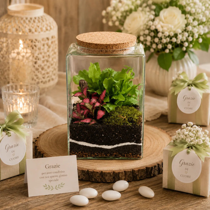 Terrarium Musae con felce, fittonia e muschio naturale utilizzato come decorazione elegante per eventi e bomboniere green.