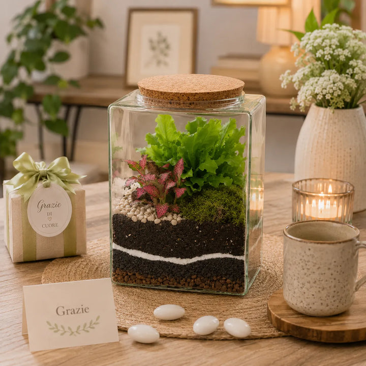 Terrarium Musae con piante verdi vive e fittonia rosa su tavolo in legno accanto a candela e decorazioni eleganti.
