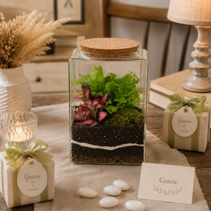 Terrarium Musae in vaso di vetro con piante tropicali e muschio, ideale come regalo green per casa o ufficio.