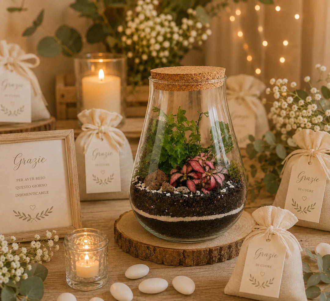 Terrarium Teo con piante verdi decorative e Fittonia rosa inserito in un elegante allestimento matrimonio con candele, fiori bianchi e sacchetti portaconfetti.