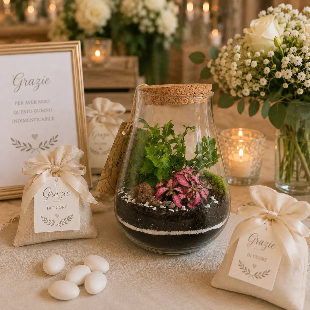 Terrarium Teo in vetro con piante tropicali verdi e Fittonia rosa utilizzato come decorazione naturale per tavoli matrimonio ed eventi eleganti.