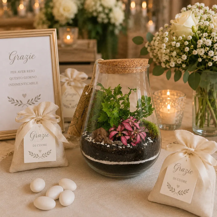 Terrarium Teo in vetro con piante tropicali verdi e Fittonia rosa utilizzato come decorazione naturale per tavoli matrimonio ed eventi eleganti.