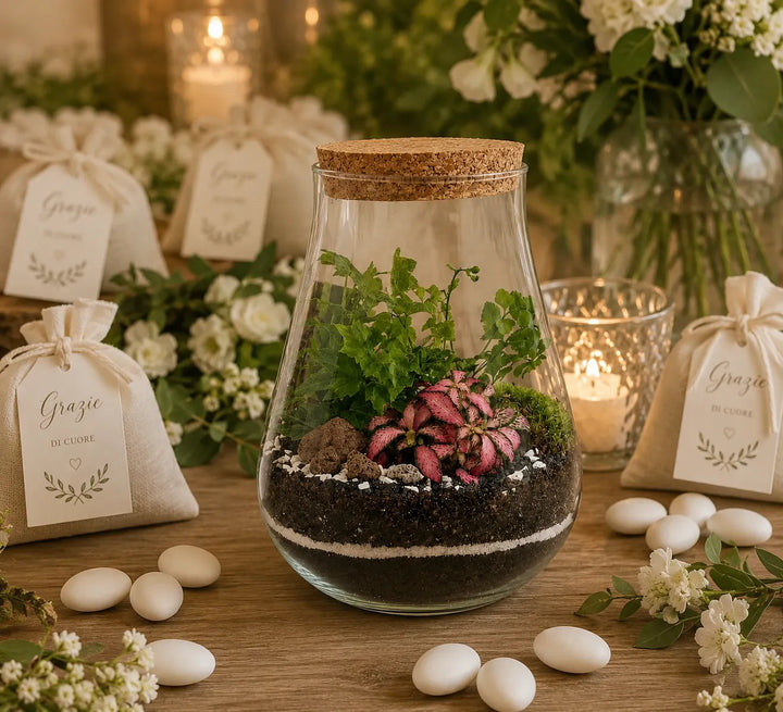 Terrarium Teo con Fittonia rosa, felce e piante verdi in vaso di vetro con tappo in sughero, ideale come bomboniera green per matrimonio.