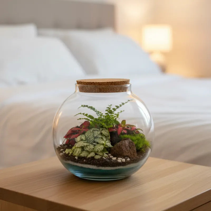 Terrarium in vetro con piante tropicali decorative posizionato su comodino in camera da letto moderna e luminosa.