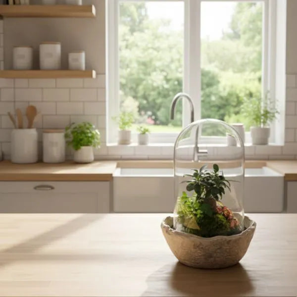 Terrarium con bonsai ficus e muschio sotto campana di vetro posizionato su piano cucina in legno, soluzione decorativa naturale per ambienti domestici.