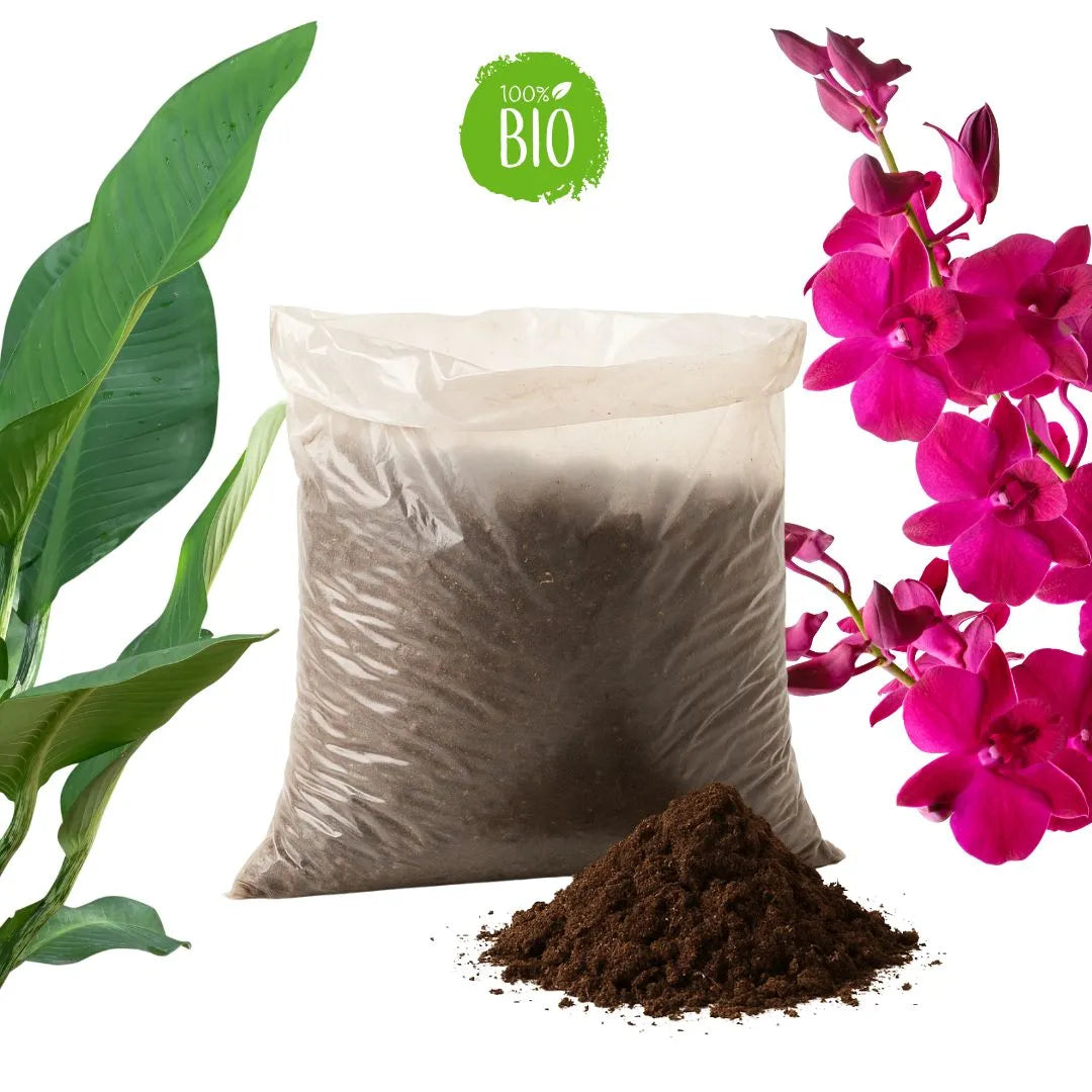 Terriccio biologico per piante da interno e orchidee in sacchetto trasparente, con foglie tropicali e fiori viola a cornice.