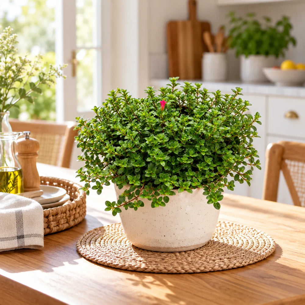 Pianta di Timo Faustini in vaso decorativo su tavolo da cucina, con chioma verde compatta e piccolo fiore rosa