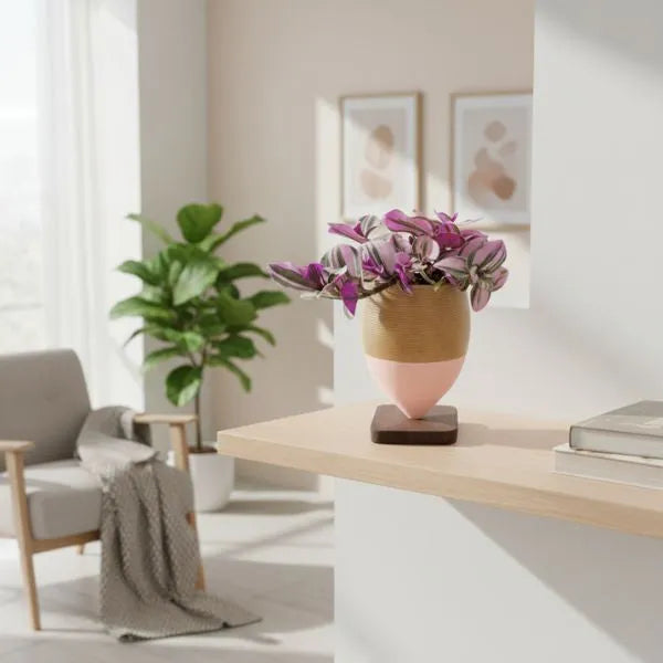 Tradescantia Nanouk - dettaglio foglie rosa e verdi in vaso di argilla bicolore