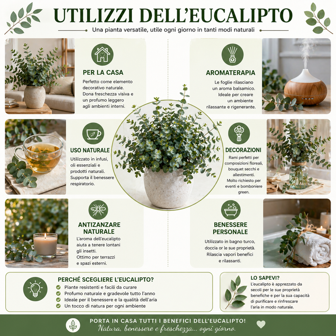 infografica utilizzi dell’eucalipto benefici aromatici decorazioni benessere casa