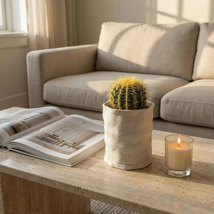 Vaso Andromeda in argilla con cactus su tavolino in pietra accanto a candela e rivista in soggiorno luminoso