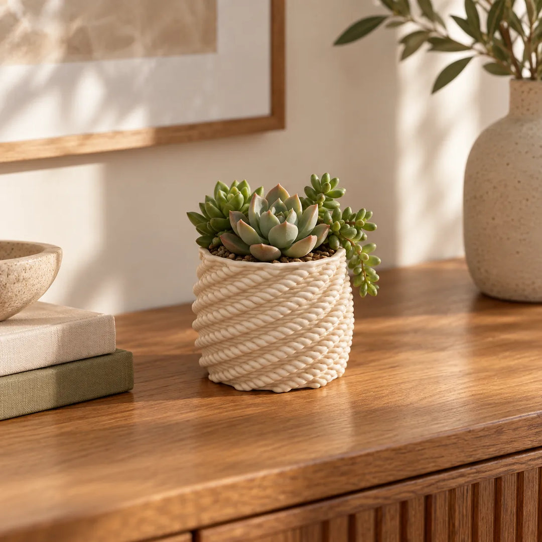 Vaso Carina Made in Italy in argilla con composizione di piante grasse, ambientato su mobile in legno