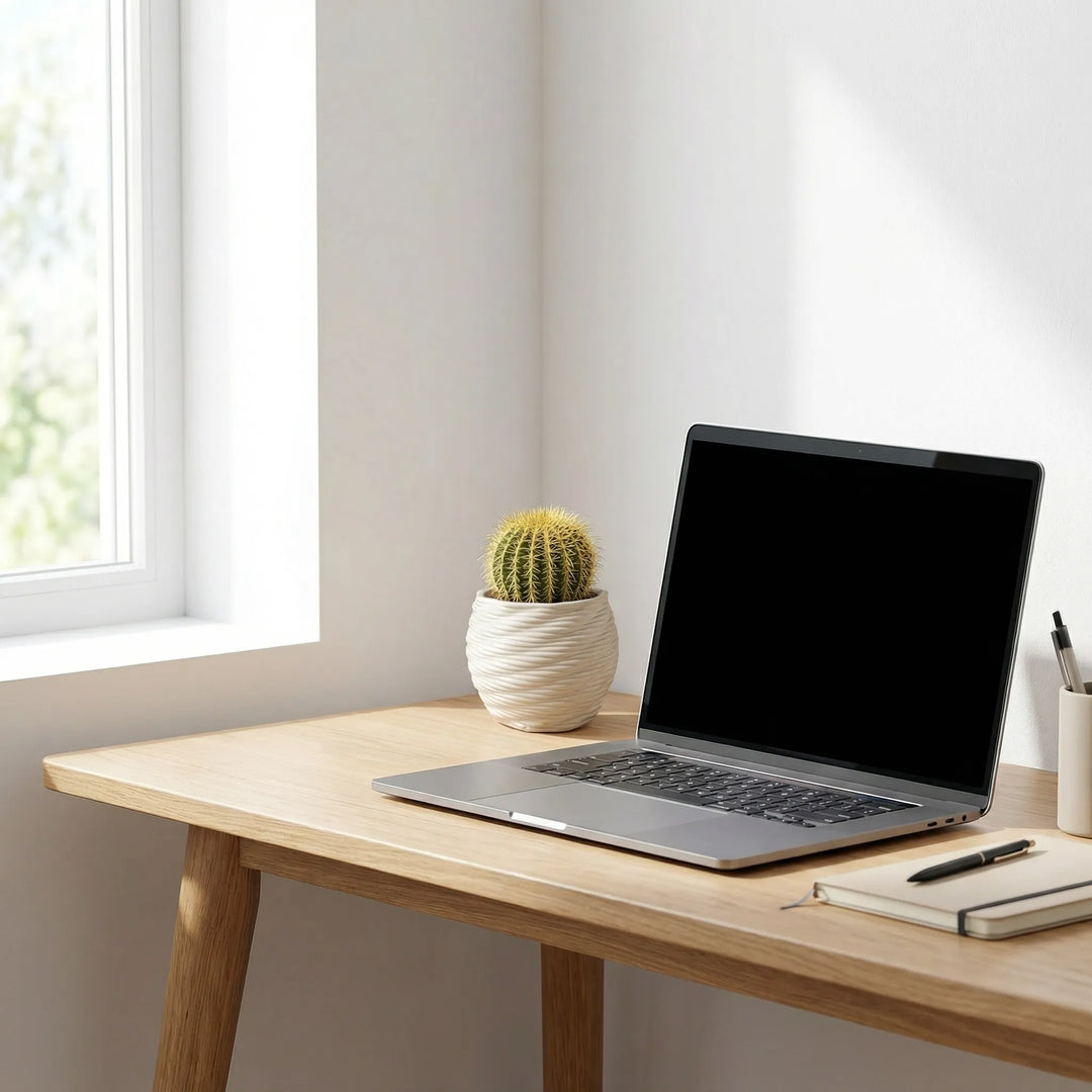 Vaso Carina diametro 9 cm con cactus su scrivania accanto a laptop e taccuino