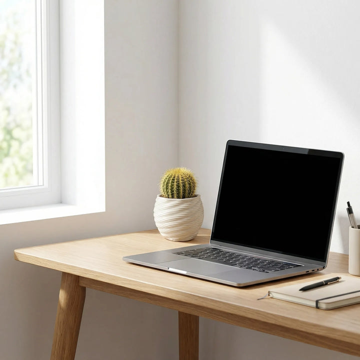 Vaso Carina diametro 9 cm con cactus su scrivania accanto a laptop e taccuino