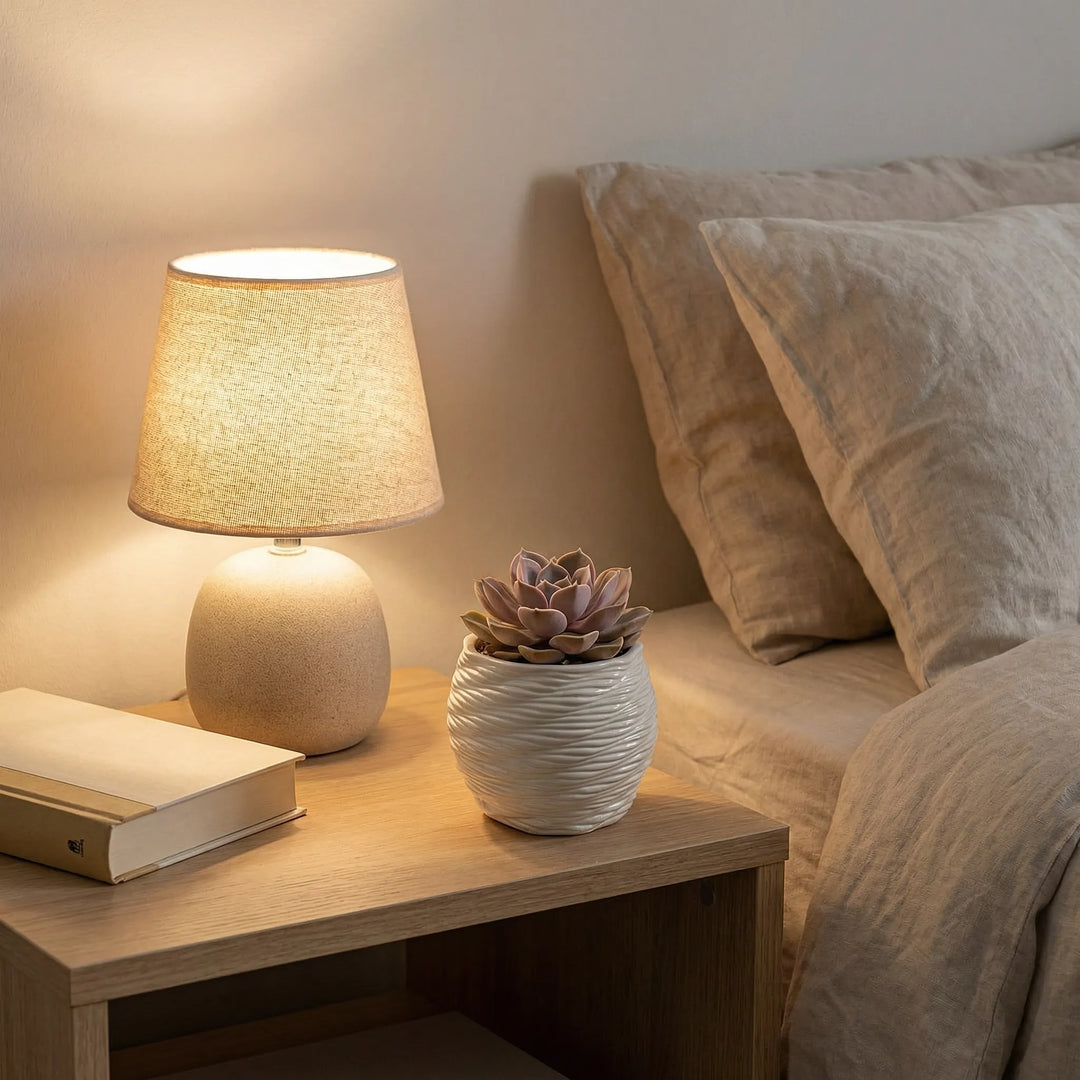 Vaso Carina in argilla con succulenta su comodino in legno accanto a lampada e libro