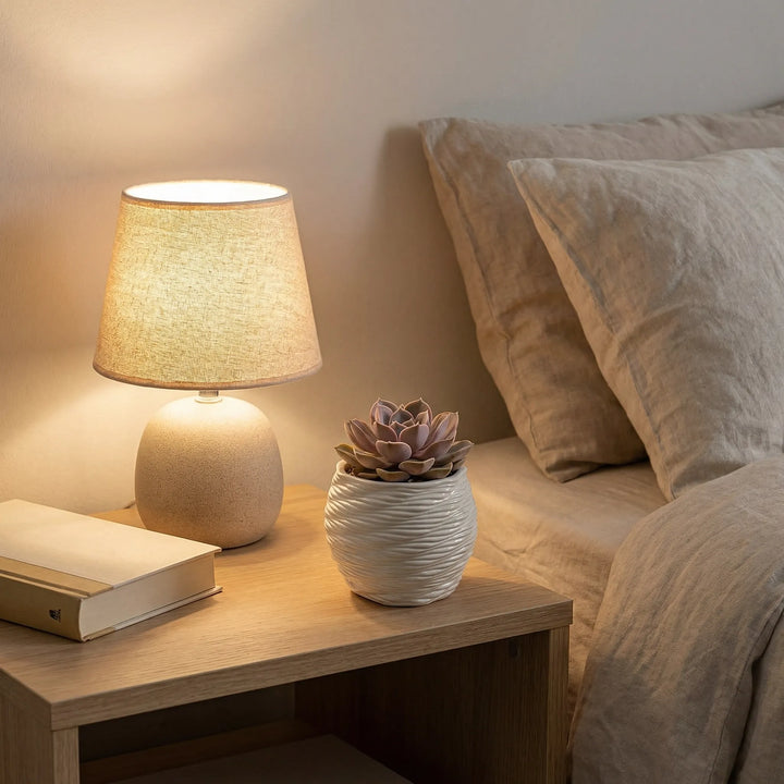 Vaso Carina in argilla con succulenta su comodino in legno accanto a lampada e libro