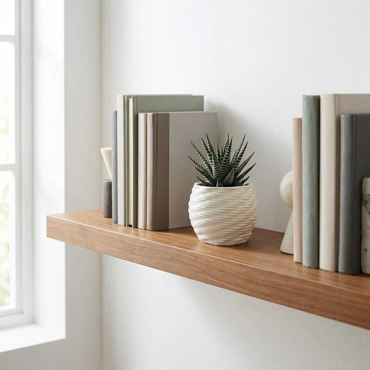 Vaso Carina diametro 9 cm in argilla con haworthia su mensola in legno accanto a libri