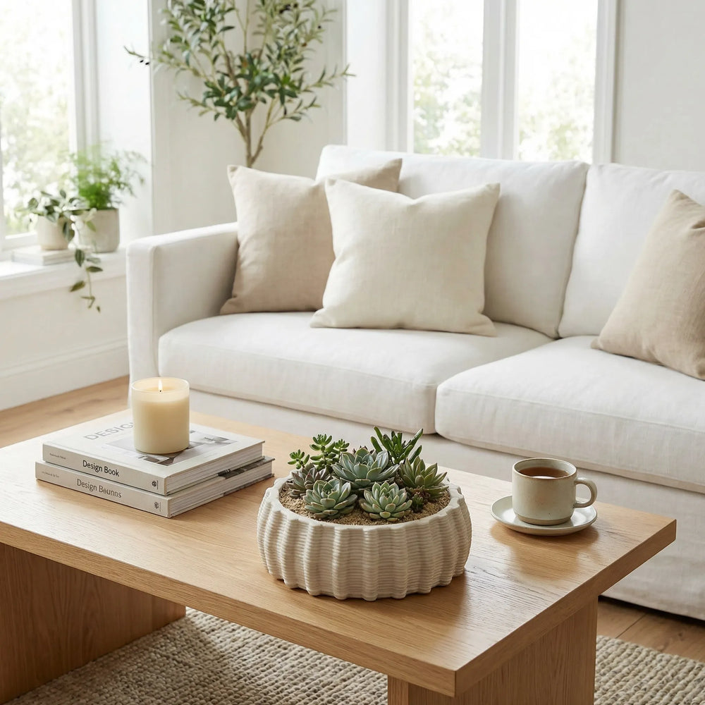 Vaso Dioniso in ceramica con composizione di piante succulente su tavolino in soggiorno moderno