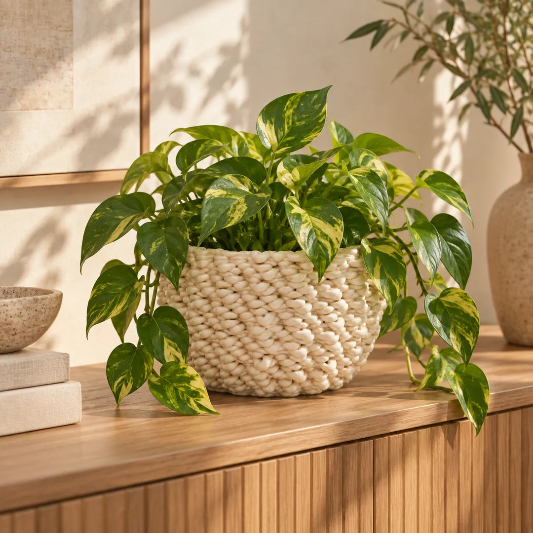 Vaso Fira basso in ceramica Made in Italy con Pothos, ambientato su mobile in legno in un interno luminoso