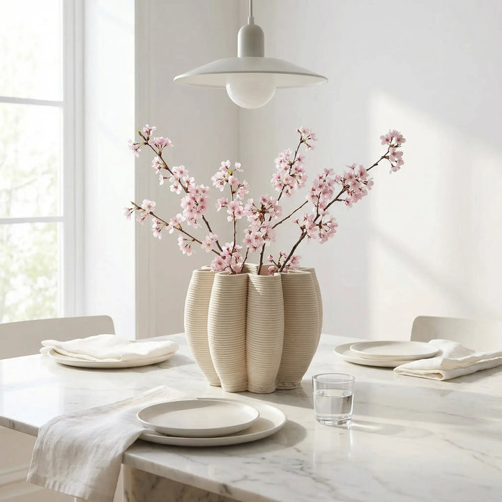 Vaso Gea in ceramica artigianale con rami di fiori rosa su tavolo da pranzo elegante