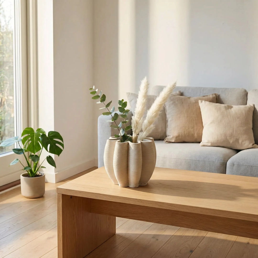 Vaso Gea in ceramica con composizione di foglie e pampas su tavolino in soggiorno luminoso