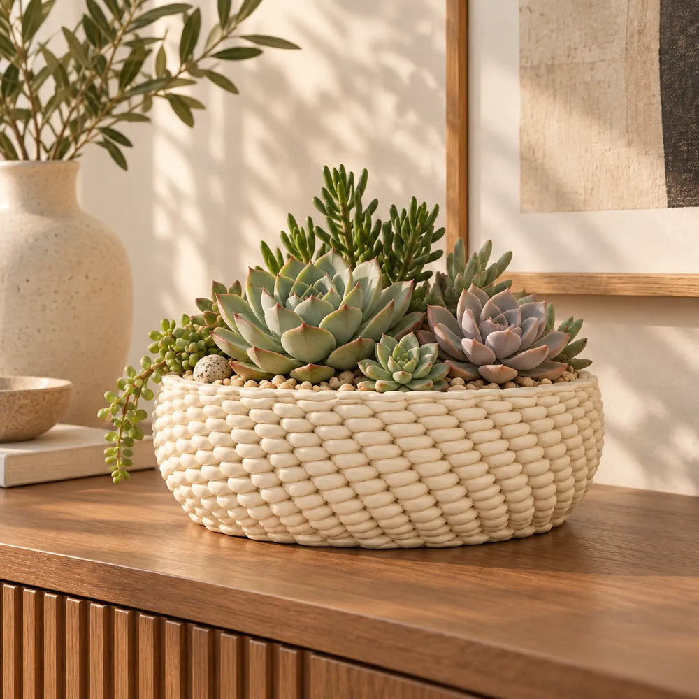 Vaso Kira in ceramica Made in Italy con piante grasse e succulente, ambientato su mobile in legno in soggiorno moderno