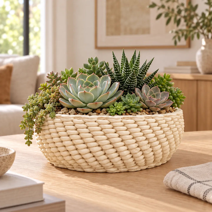 Vaso Kira in ceramica Made in Italy con composizione di succulente ed Echeveria, ideale come centrotavola decorativo