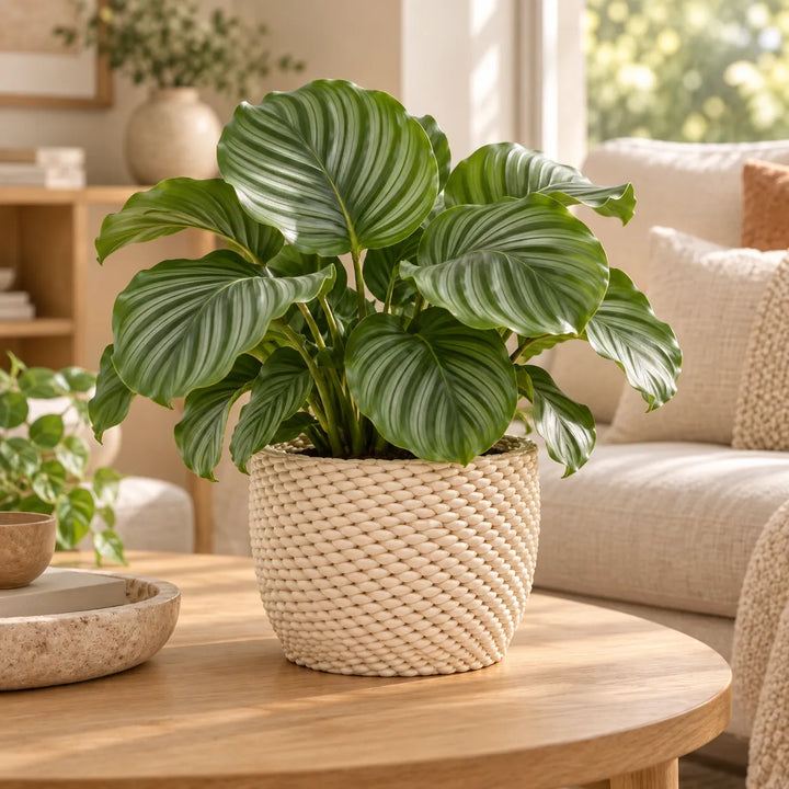 Vaso Kira in ceramica Made in Italy con Calathea, vaso decorativo chiaro effetto intrecciato per piante da interno