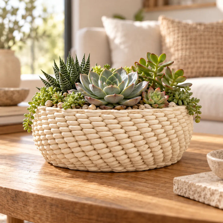 Vaso Kira in ceramica Made in Italy con composizione di piante grasse e succulente, ambientato in un interno moderno