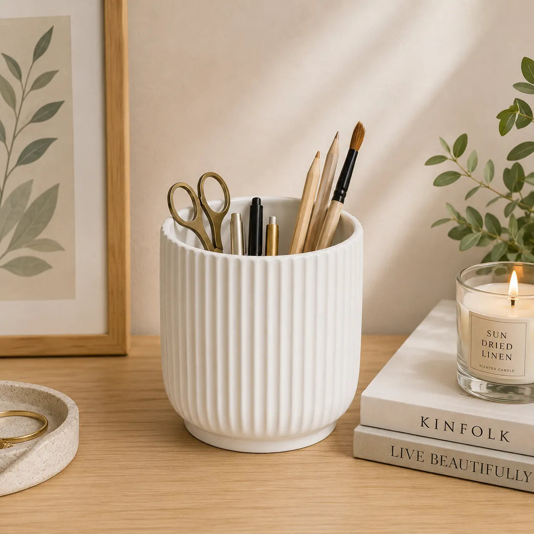 Vaso Pitti bianco utilizzato come portapenne e portaoggetti su scrivania in legno, perfetto per arredare ambienti moderni e minimalisti.