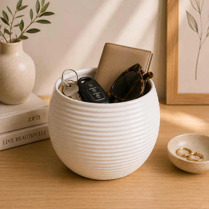 Vaso Sally bianco in ceramica utilizzato come contenitore per chiavi, portafoglio e occhiali da sole su mobile in legno, perfetto per organizzare ingressi e ambienti contemporanei.
