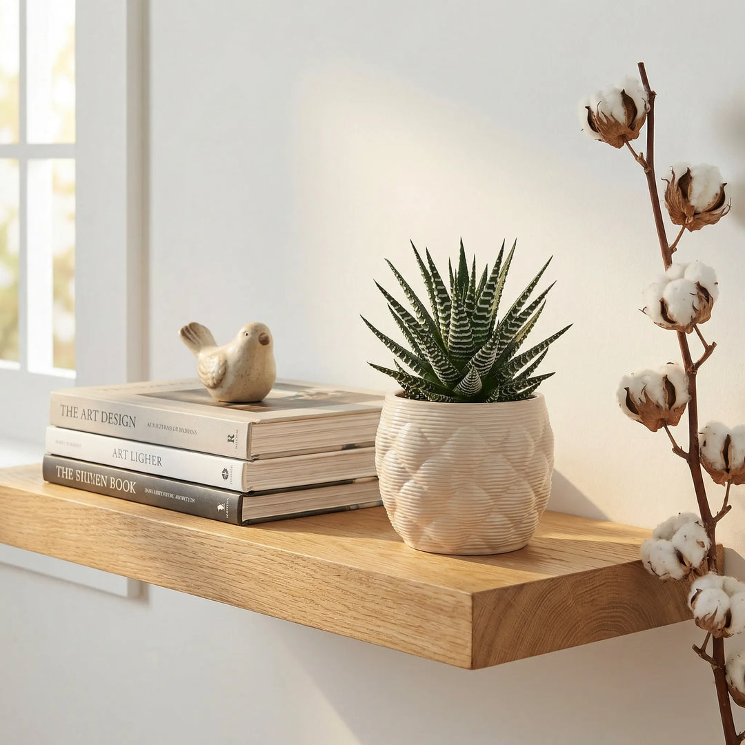 Vaso Alba con pianta succulenta su mensola in legno con libri e decorazioni minimal