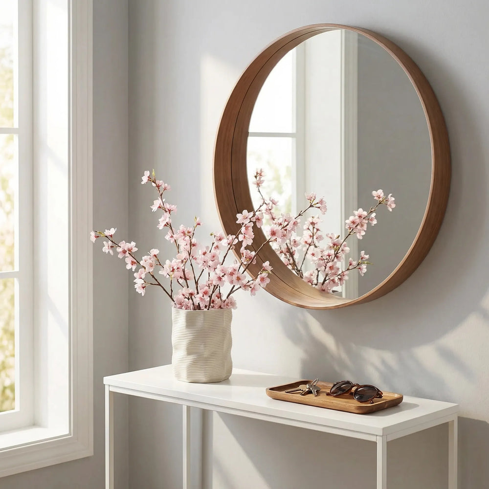 Vaso artigianale con rami fioriti rosa su consolle con specchio rotondo