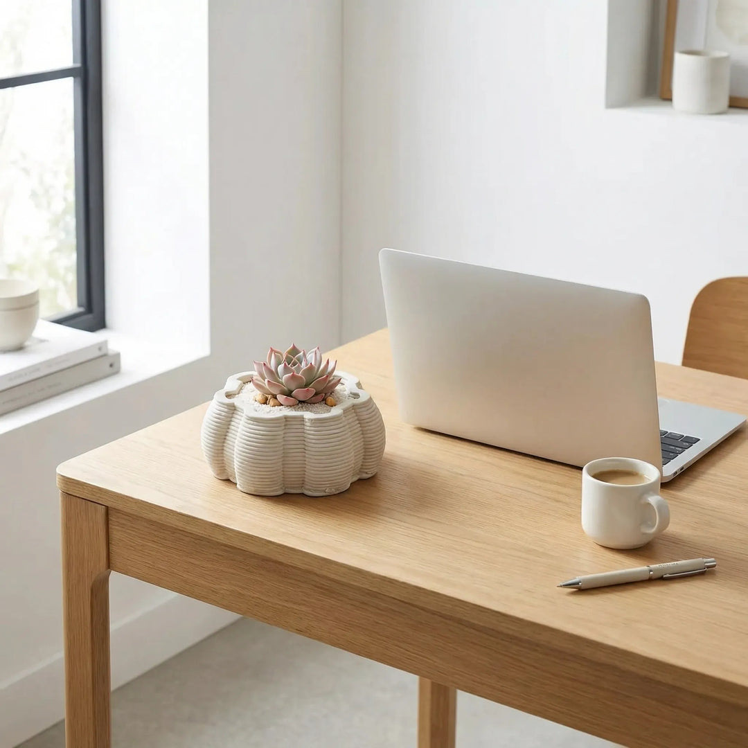 Vaso di ceramica artigianale Iris con pianta grassa su scrivania in legno, vaso decorativo da interno