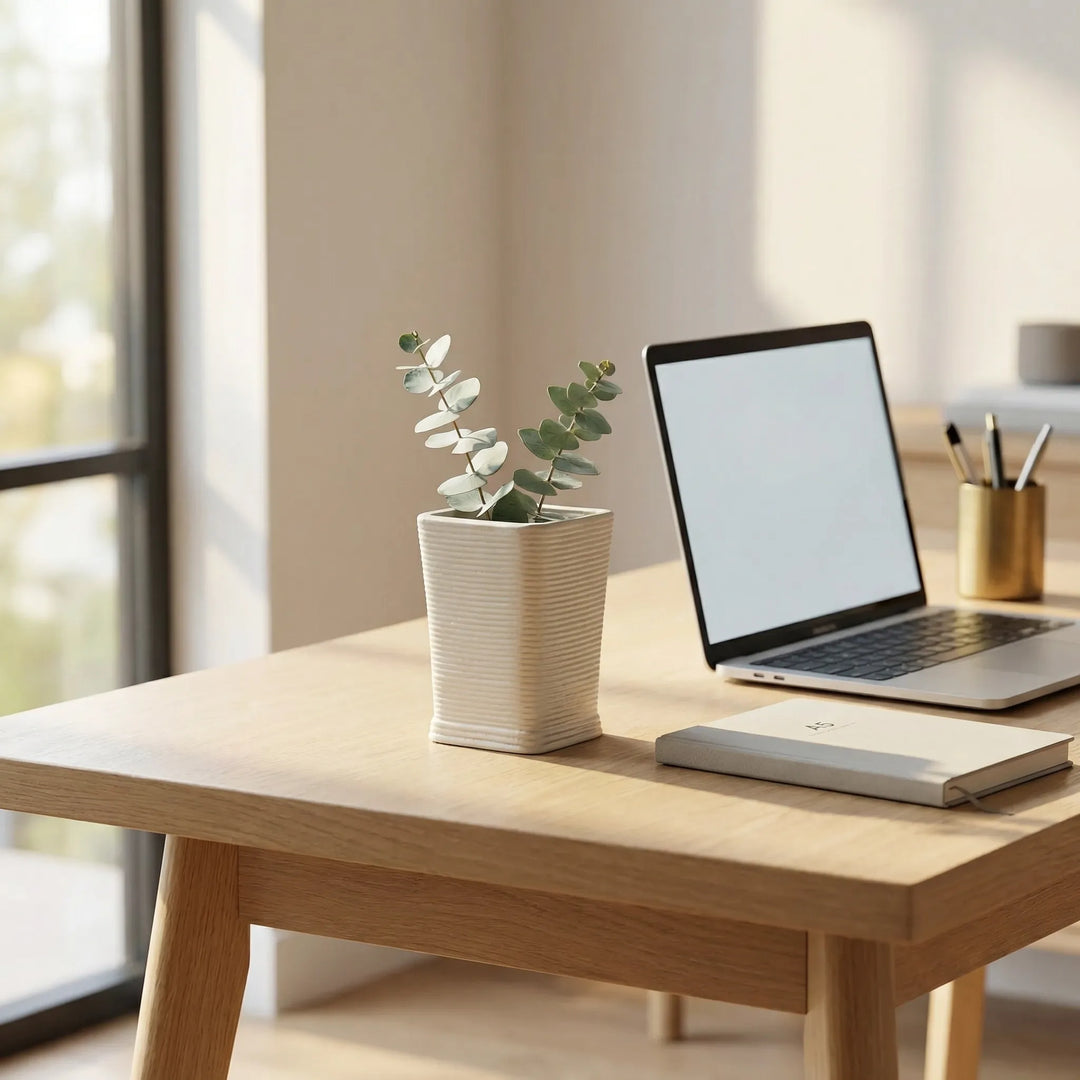 Vaso quadrato mini con pianta verde su scrivania accanto a laptop