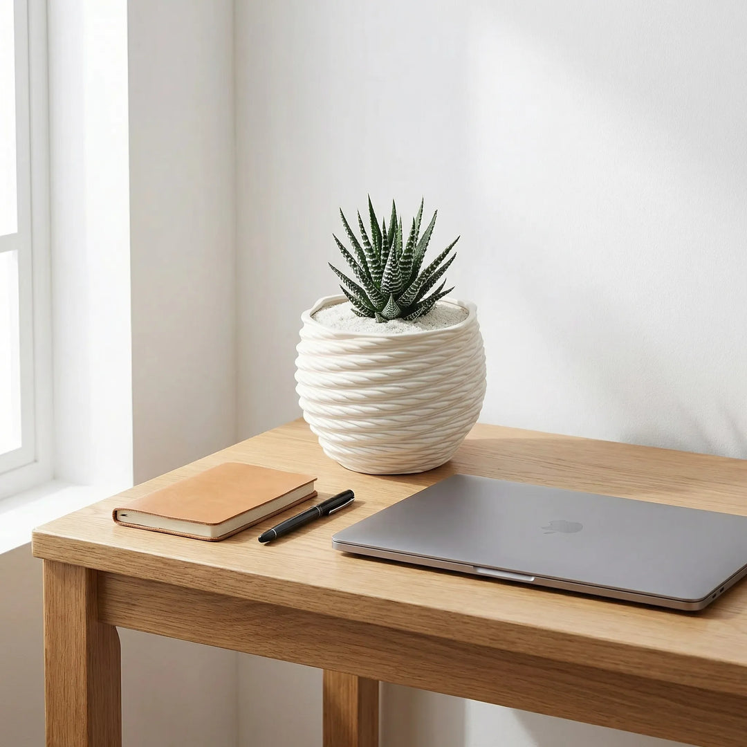 Vaso Carina con pianta grassa su scrivania minimal con laptop e luce naturale