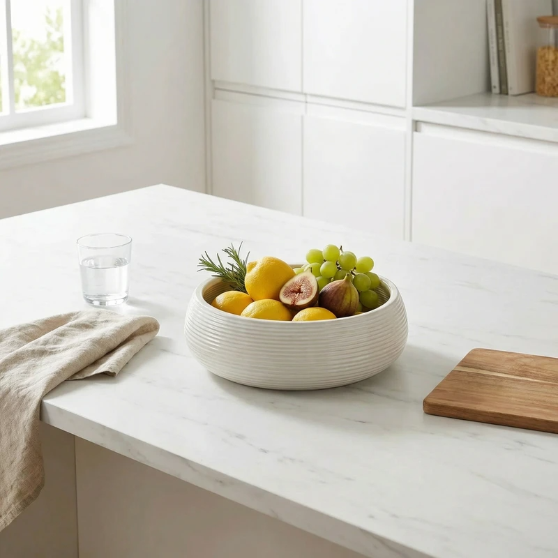 Vaso ovale in ceramica utilizzato come portafrutta con limoni, fichi e uva su piano cucina moderno