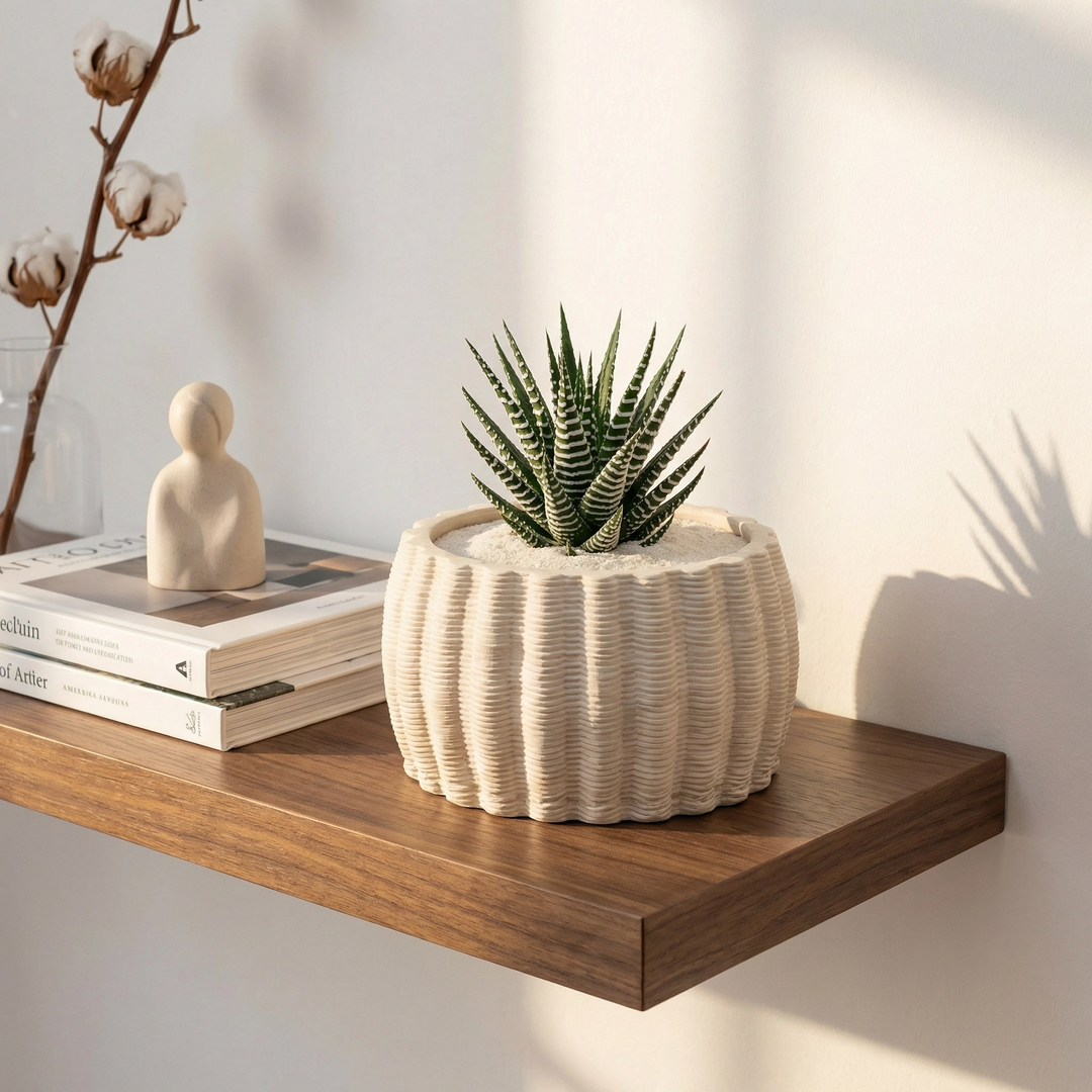 Vaso decorativo con pianta grassa su mensola in legno in ambiente minimal