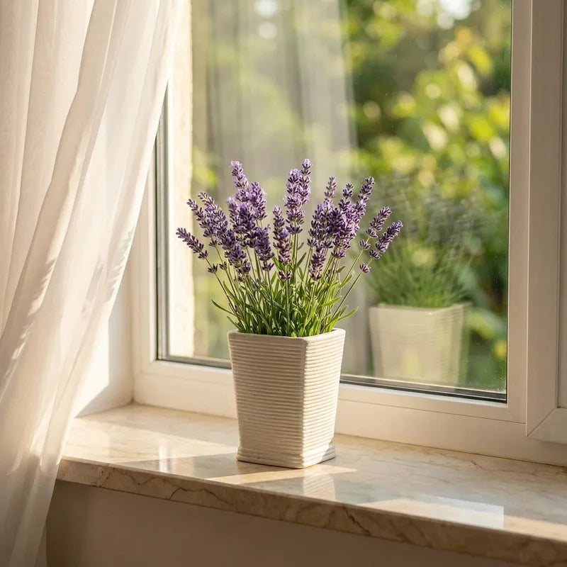 Vaso mini quadrato con pianta di lavanda su davanzale illuminato dalla luce naturale