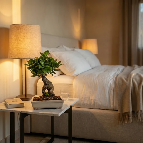 Bonsai Ginseng vaso Amir - pianta da interno rilassante su comodino in marmo