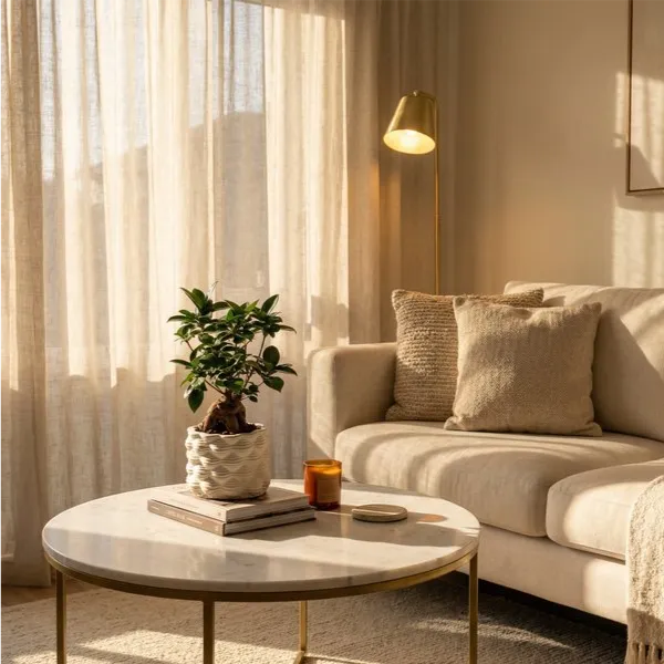 Bonsai Ficus Ginseng vaso bianco - pianta su tavolino in soggiorno moderno