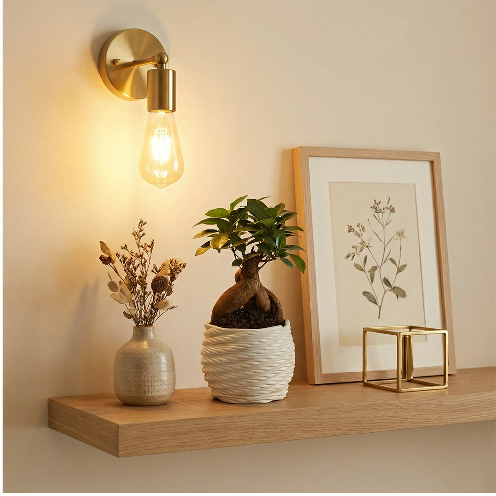 Bonsai Ficus Ginseng - pianta su mensola in legno con decorazioni moderne in un ambiente interno luminoso