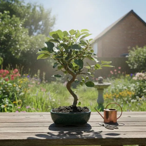 Bonsai melo con piccoli frutti verdi in vaso di ceramica smaltata verde posizionato su tavolo in legno in giardino soleggiato.