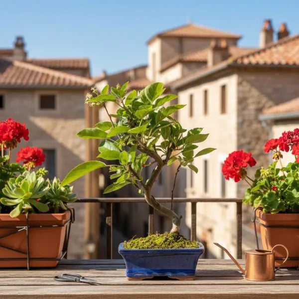 Bonsai Melo da esterno - pianta in vaso blu su balcone fiorito