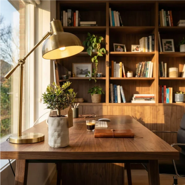 Bonsai Olivo cura - pianta su scrivania in noce con accessori da ufficio, luce pomeridiana