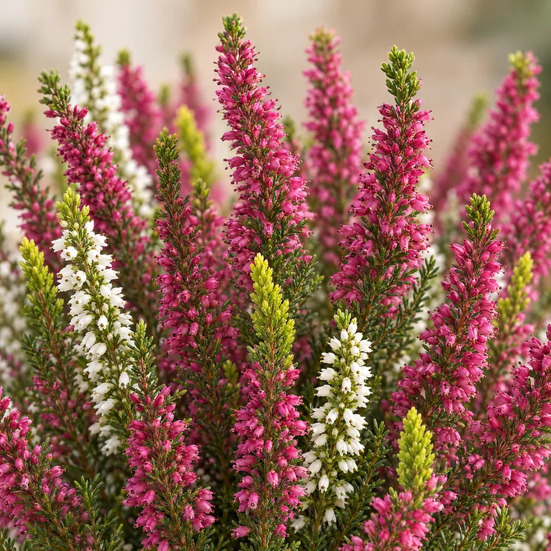 Primo piano delle spighe fiorite rosa della Calluna, il brugo o erica