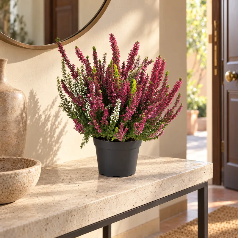 Calluna fiorita rosa in vaso nero su una consolle d'ingresso, decorazione autunnale