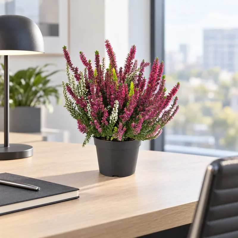 Calluna rosa in vaso da 12 cm su una scrivania, tocco di colore autunnale in ufficio