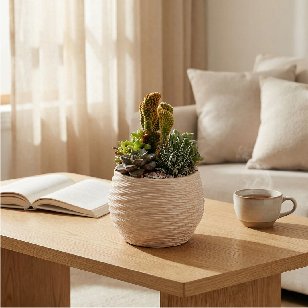 Composizione di piante grasse e cactus in vaso crema su tavolino da salotto con libro e tazza, decorazione naturale per soggiorno moderno.